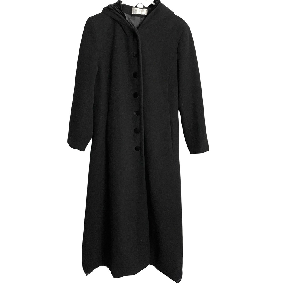 Vintage Sandro Womens 100% Pure Wool Coat Size 8β Black Hooded Velvet Buttons
